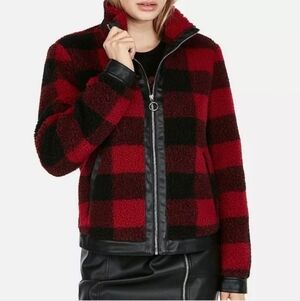 Express Buffalo Plaid Moto Jacket Faux Leather Trim, Women's Medium